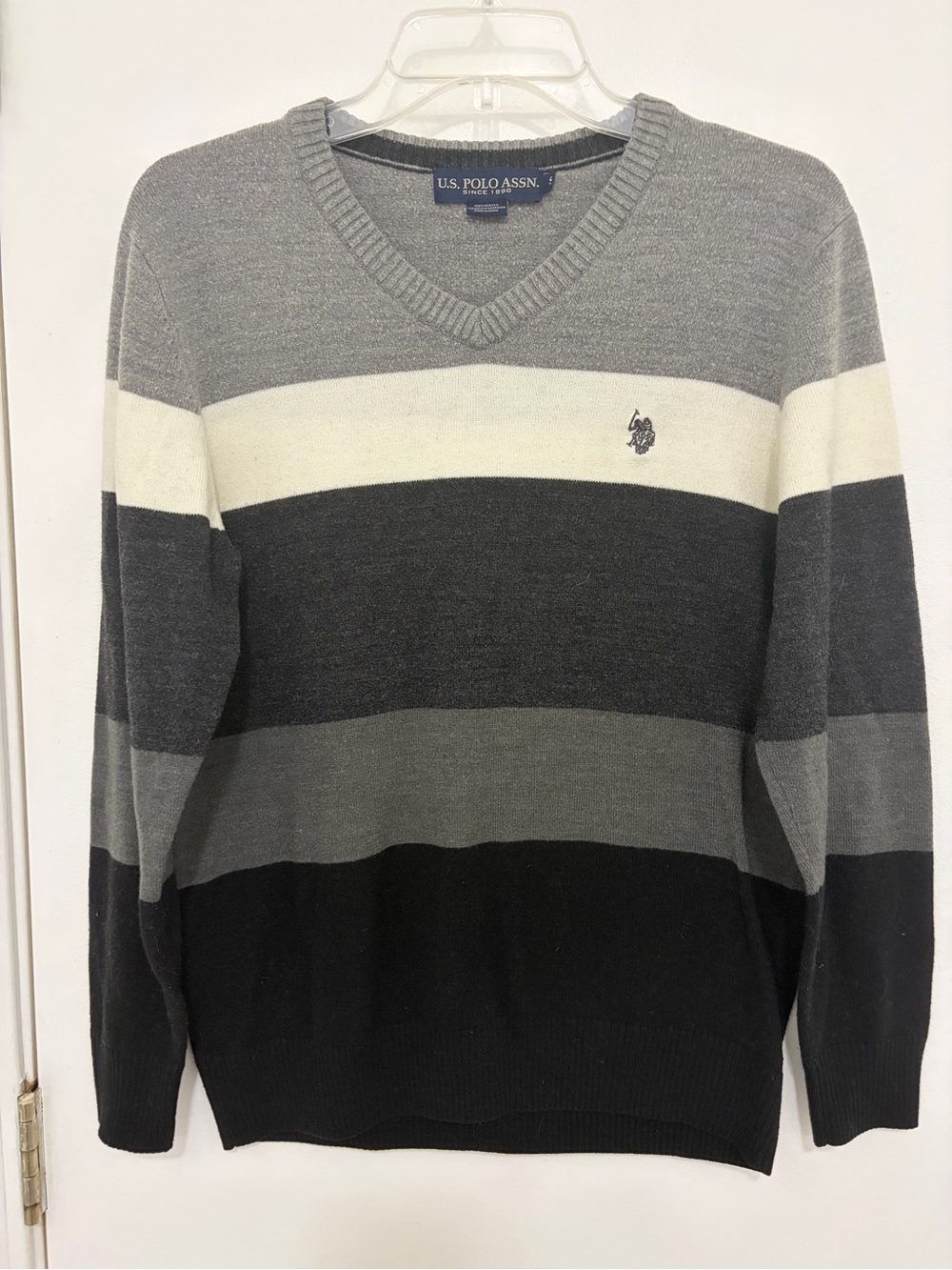 U.S. Polo Assn. Men's V-Neck Striped Sweater in Gray, Black & White